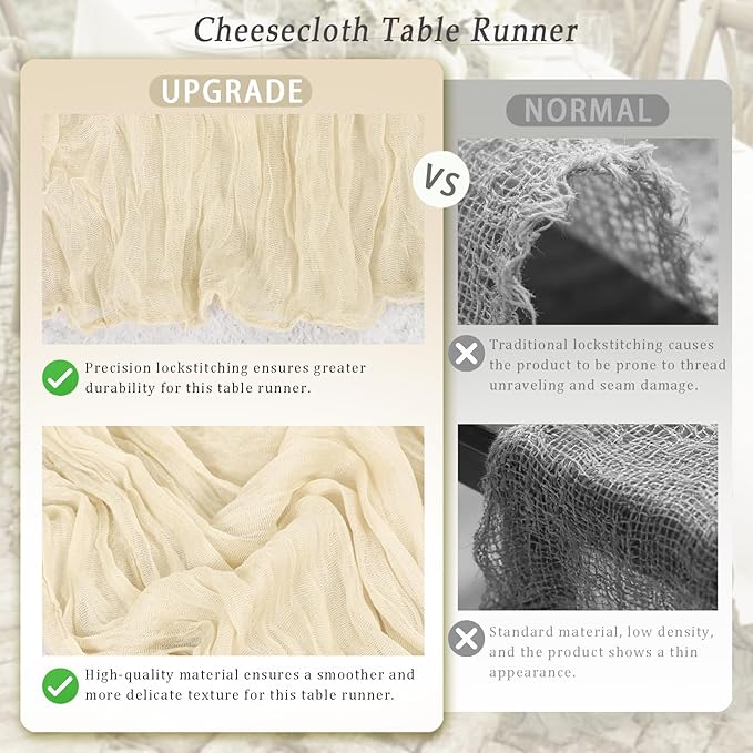 10 Pack Ivory Cheesecloth Table Runner 17x108 Inch Semi Sheer Boho Rustic Gauze Cheese Cloth Table Runners for Wedding Party Birthday Baby Shower Home Décor