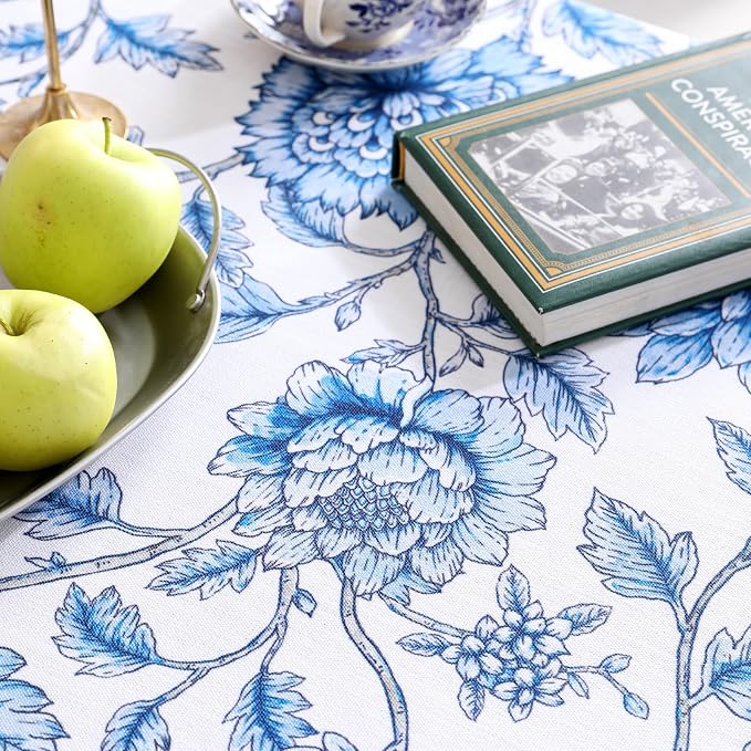 ISAENNE Designer French Linen Round Tablecloth,Diameter 55"-BlueWilow | Chinoiserie Vintage Elegant Table Cloth,Blue Floral Pattern,Beautiful,Dining Room,Kitchen,Tea Party,Thanksgiving,Decor