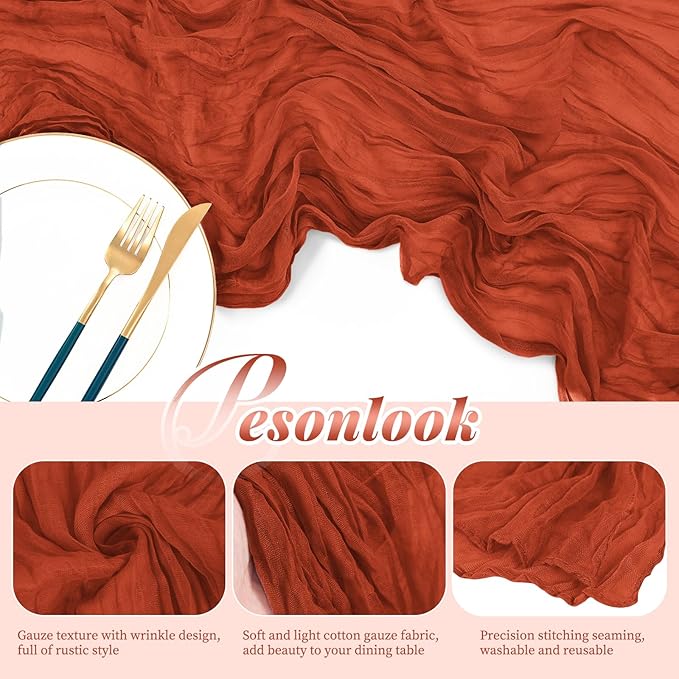24 Pack Terracotta Cheesecloth Table Runner, 10FT Cheesecloth Rustic Boho Table Runner Long Romantic Semi Sheer Table Runner for Wedding Baby Shower Birthday Bridal Party Decorations(21.5×120 Inch)