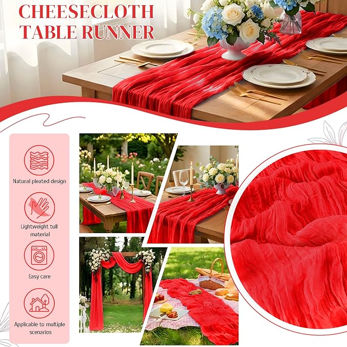 12 Pack Red Cheesecloth Table Runner 21x120 Inches, Boho Gauze Rustic Semi Sheer Cheese Cloth Table Runners for Easter Spring Wedding Bridal Baby Shower, Birthday Party, Long Farmhouse Table Decor
