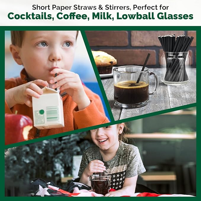 [500 Bulk] 5.75 inch Black Short Paper Straws, Stir Straws for Cocktail, Coffee, Mixed Drinks - Home, Bar and Restaurant Straws - 100% Biodegradable