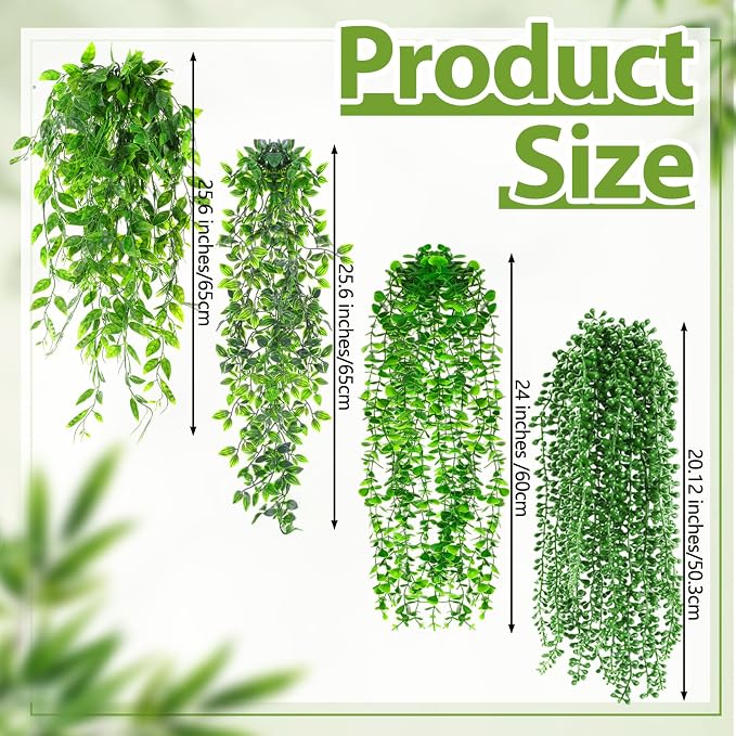 Daifunli 24 Pcs Artificial Hanging Plants Fake Hanging Ferns Plastic Fake Plants for Wall Room Garden Garland Indoor Outdoor Decor No Basket (Eucalyptus,Mandala,String of Pearls,Pea)