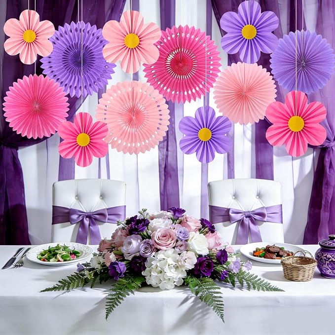 Pink Purple Party Decorations, 12PCS Hanging Paper Fans Flower Wall Backdrop for Wedding, Birthday, Baby Shower, Bridal Shower, Nursery, Indoor Outdoor Classroom Decor