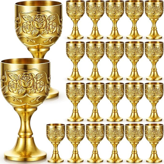 Nosiny 24 Pcs Mini Chalice Goblet Vintage Gold Copper Wine Small Chalice Cup Medieval Wine Glasses Zinc Alloy Flower Embossed Shot Glasses for First Communion Altar Drinking (1 oz)