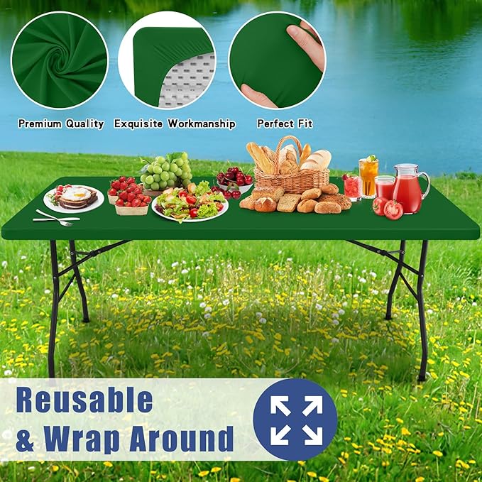 Moosfor Spandex 4 Foot Rectangle Table Cloth 4 Pack, Elastic Fitted Tablecloths for Picnic, Stretch Washable Patio Table Cover for Outdoor, Camping, Banquet and Parties (Emerald Green, 30"x48")