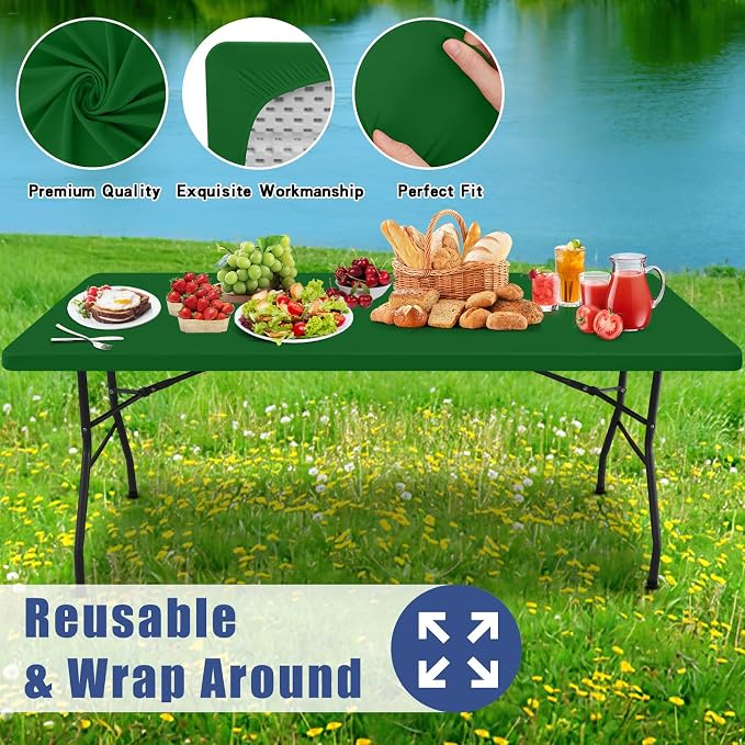 Moosfor Spandex 8 Foot Rectangle Table Cloth 6 Pack, Elastic Fitted Tablecloths for Picnic, Stretch Washable Patio Table Cover for Outdoor, Camping, Banquet and Parties (Emerald Green, 30"x96")