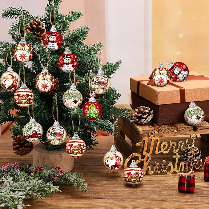 Outus 16 Pcs Christmas Ball Ornaments for Tree Merry Christmas Snow Joy Hanging Ornaments Xmas Santa Claus Snowman Balls for Tree Decoration Xmas Gifts Farmhouse Home Fireplace Decoration