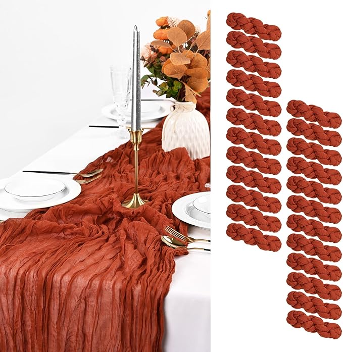 24 Pack Terracotta Cheesecloth Table Runner, 10FT Cheesecloth Rustic Boho Table Runner Long Romantic Semi Sheer Table Runner for Wedding Baby Shower Birthday Bridal Party Decorations(21.5×120 Inch)