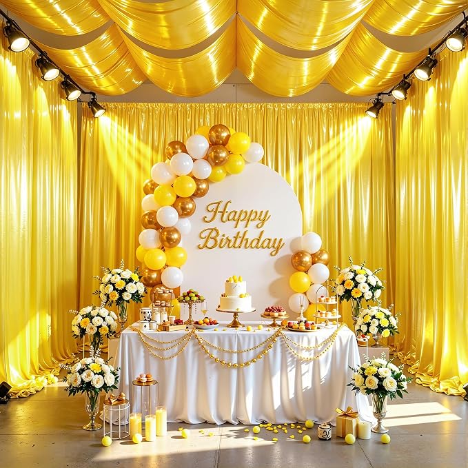 Yellow Gold Glitter Backdrop Curtains - 10x12FT Satin Photo Backdrop, Wrinkle-Free Shimmer Back Drop Cloth Shiny Drapes for Photobooth Wedding Birthday Parties Photoshoot Background Decorations