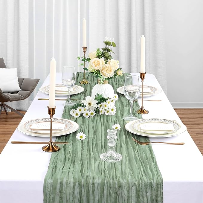 6 Pack Sage Green Cheesecloth Table Runner 10Ft Spring Gauze Cheese Cloth Table Runner 35x120 Inch Boho Sheer Rustic Fabric for Holiday Party Decor Baby Shower Wedding Home Decorations