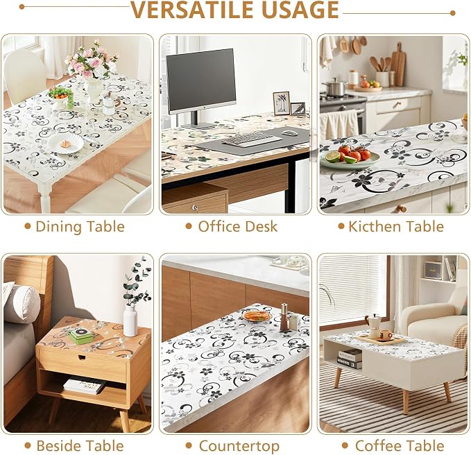 LovePads Floral Clear Table Cover Protector - 40 x 78 Inch Thick Plastic Table Cloth, Waterproof PVC Desk Mat for Dining Room Table, Wood Furniture Topper, Anti-Scratch Desk Pad for Kids Writing,