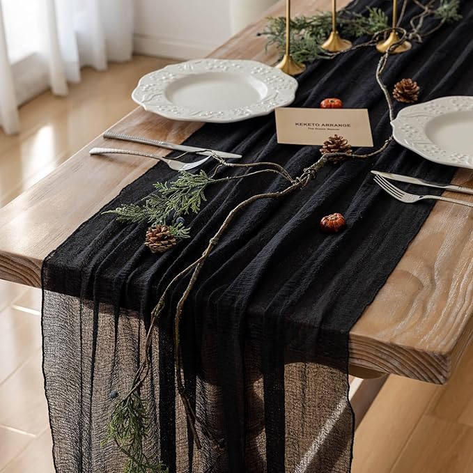 Keketoarrange Black Table Runner Cheesecloth Gauze Rustic Premium Cotton Cheese Cloth Table Decor 120 Inch 10 FT for Wedding Bridal Baby Shower Long Sheer Boho Summer Home Decorations