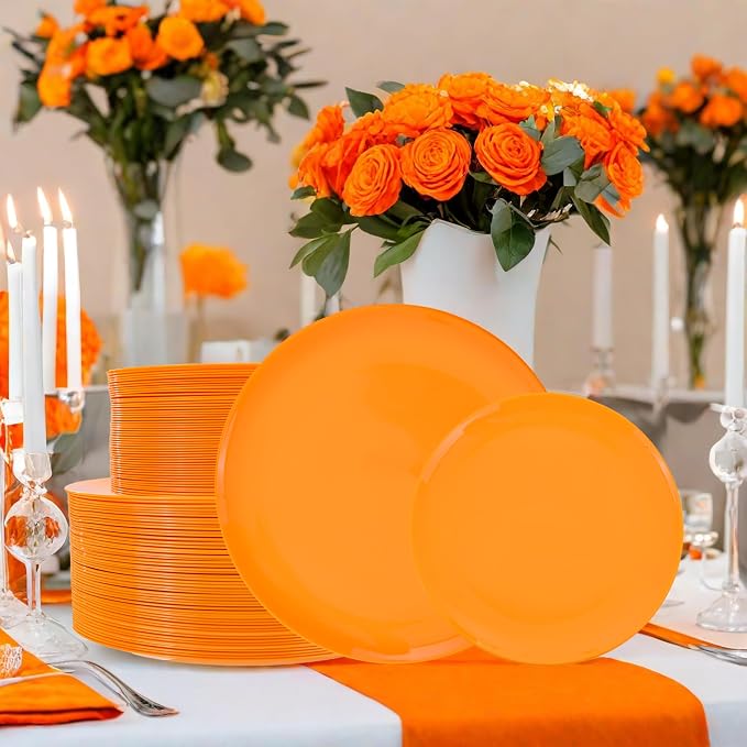 PULOTE 100PCS Orange Plastic Plates - Premium Hard Orange Disposable Include 50 Each(10.25 Inch Dinner & 7.5 Inch Dessert) Plates, Ideal for Party