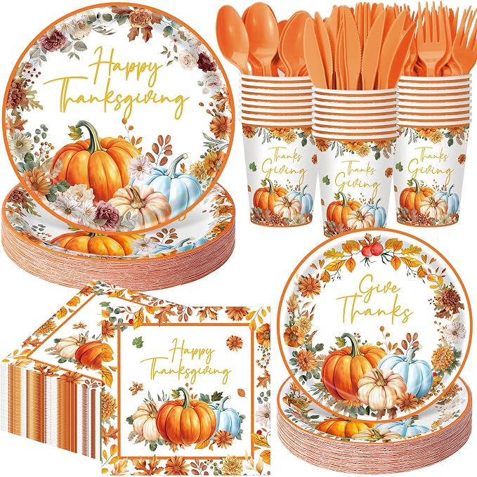 Funnymoom Thanksgiving Party Supplies for 50 Guests Pumpkin Autumn Disposable Plates Napkins Cups Spoons Forks Knives for Fall Harvest Give Thanks Party Decoration