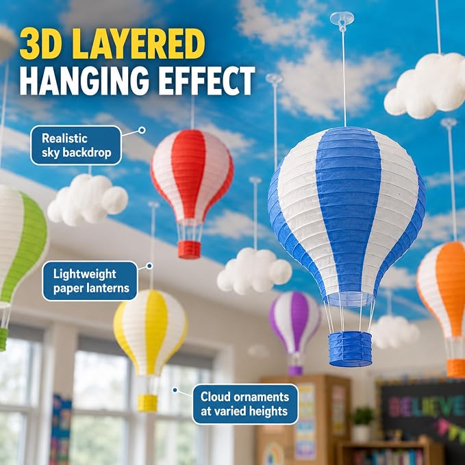 46 Pcs 2026 Hot Air Balloon Hanging Ceiling Decoration for Classroom 24" x 13ft Blue Sky and Clouds Banner 3D Paper Lantern Cloud Hanging Ornament, Hook for Back to School Party Class Decor