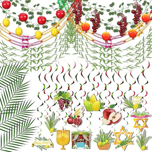 Thiccywoov 102 Pcs Happy Sukkot Party Decoration Includes Hanging Swirls Supplies Sukkah Long Garland Artificial Ivy Palm Leaf Willow Vines Outdoor Pre-Assembled for Jewish Sukkot Party Decor