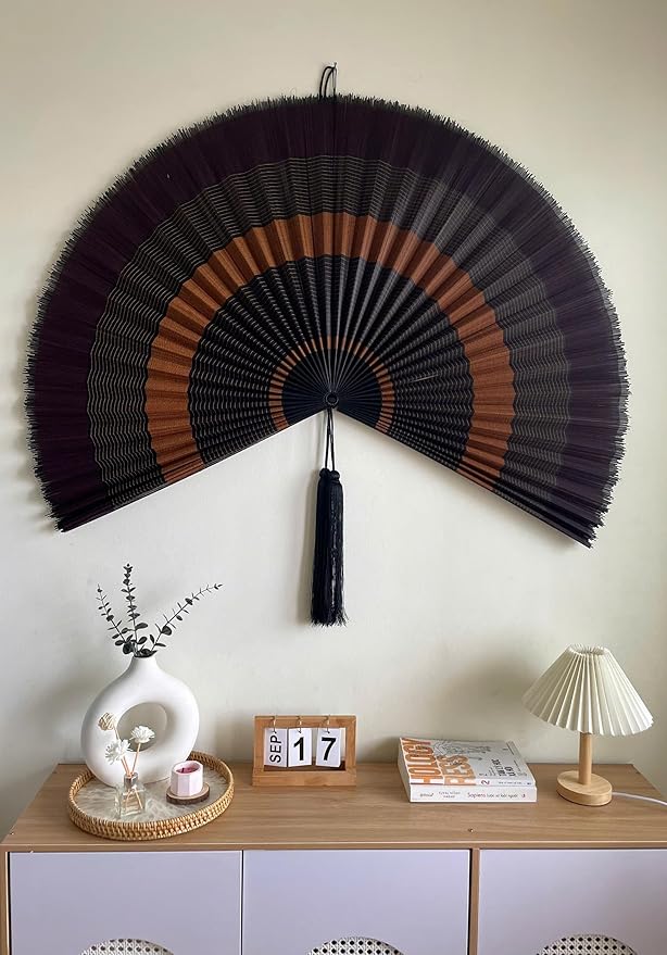 ChumDecor Fan Wall Decor,Japanese Wall Fan Decor,Large Bamboo Fan Wall Art for Boho Hanging Headboard,Decorative Folding Fan for Over Bed Decorations,Large Wall Dcor (Ebony, 48inch)