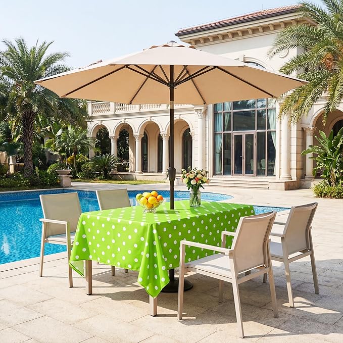 Poise3EHome 60X84 Outdoor Spillproof Rectangle Tablecloth with Umbrella Hole and Zipper for Camping Picnic Party Patio Table Spring, Green Polka Dot