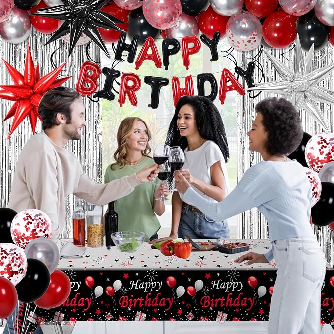 Red Birthday Decorations for Men Women Boys Girls, 91PCS Red Black and Silver Happy Birthday Decorations Kit- Happy Birthday Banner, Star Balloons Arch, Tablecloth, Fringe Curtain, Bday Party Supplies