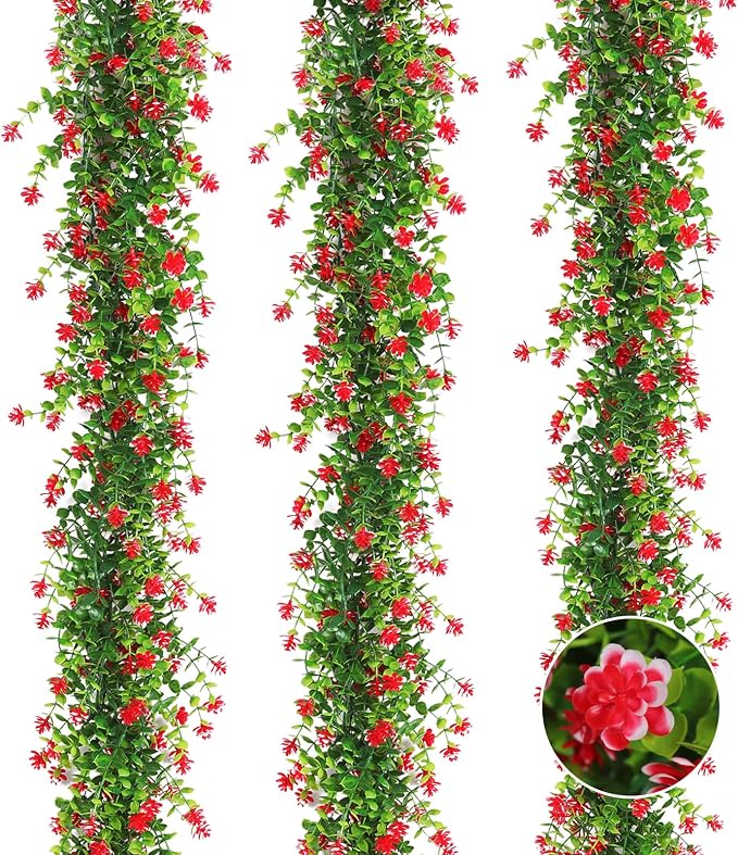 RECUTMS 3 Pack Artificial Spring Eucalyptus Garland Faux Hanging Eucalyptus Plants with Flowers Spring Fake Greenery Vines Garland for Spring Thanksgiving Home Wedding Mantle Wall Decor(Red)