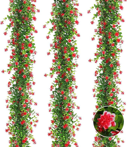 RECUTMS 3 Pack Artificial Spring Eucalyptus Garland Faux Hanging Eucalyptus Plants with Flowers Spring Fake Greenery Vines Garland for Spring Thanksgiving Home Wedding Mantle Wall Decor(Red)