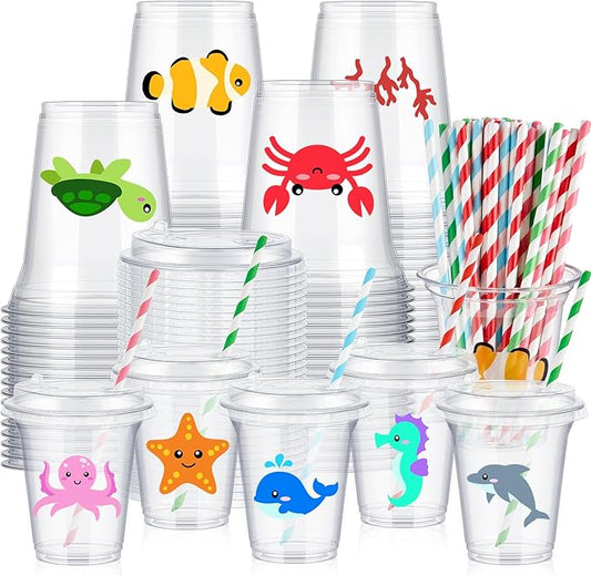 FoldTier 60 Set Under The Sea Plastic Cups Bulk 14 oz Disposable Clear Cups with Lids and Paper Straws for Summer Sea Beach Pool Birthday Party Favor Supplies Decorations