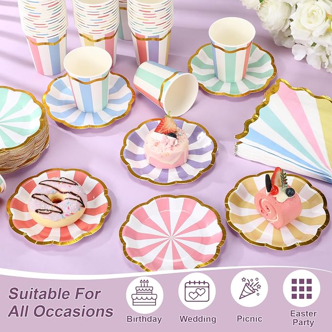 Yungyan 108 Pcs 36 Guests Pastel Paper Plates and Napkins 9 oz Party Cups 6" Scalloped Pastel Dessert Plates Colorful Stripe Disposable Tableware Set for Birthday Ice Cream Carnival Party Supplies