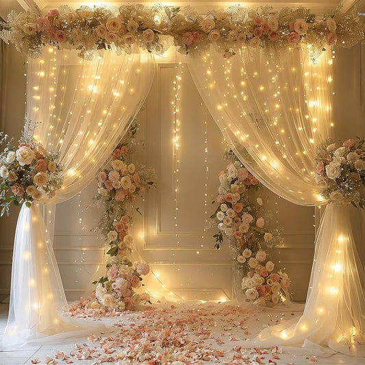 Sheer Curtains with Lights Champagne Tulle Backdrop Curtain for Bedroom Parites Wedding Birthday Decorations 2 Panels 60" Wｘ96 L