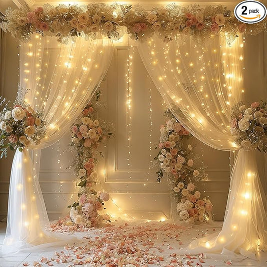 Sheer Curtains with Lights String Champagne Tulle Curtain for Living Room Bedroom Parites Wedding Birthday Decorations 2 Panels 5ftｘ10ft
