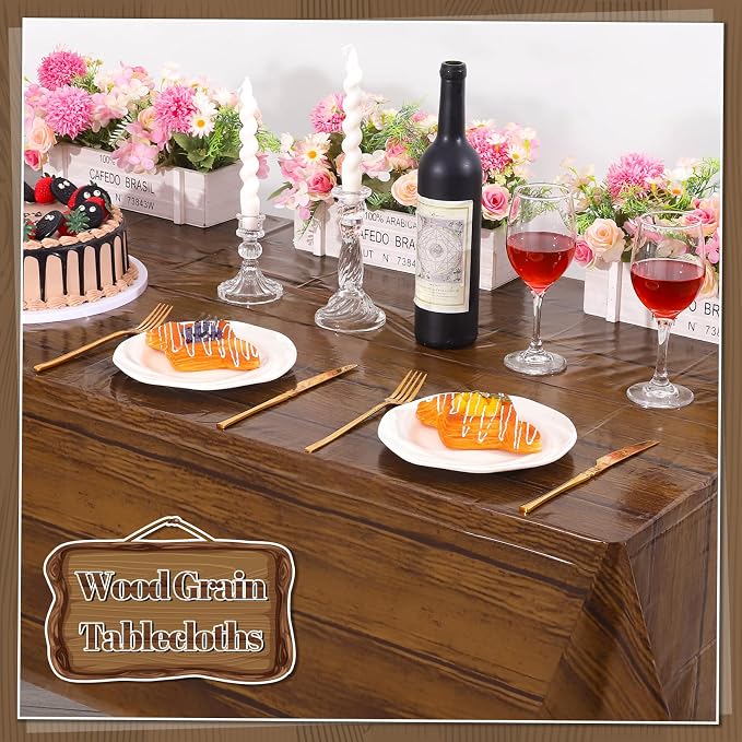 6 Pack Wood Grain Plastic Tablecloths, 54 x 108 In Rustic Table Covers | PE material, disposable and easy to clean, fits 8-10 seat tables, rustic farmhouse look for western barn parties