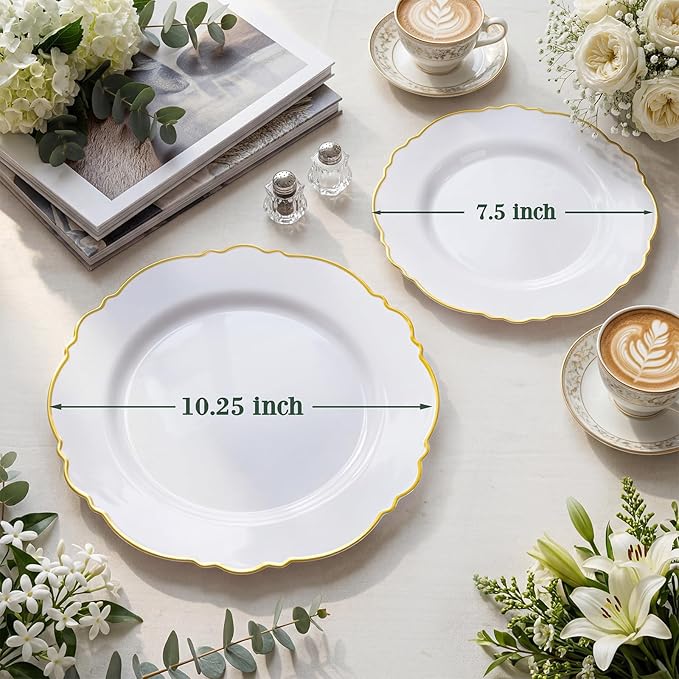 WDF 100pcs Gold Plastic Plates - High-end Baroque Design - Heavy Duty White &Gold Wedding Plates Set Ideal for Party/Wedding/Birthday/Mother's Day