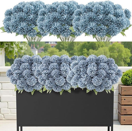 12 Bundle Artificial Mums Flowers for Outdoor Spring Decoration,Faux Ball Chrysanthemums Bouquet Fake Silk Flower for Vase Easter Table Floral Arrangement Wedding Home Decor(12, Haze Blue)