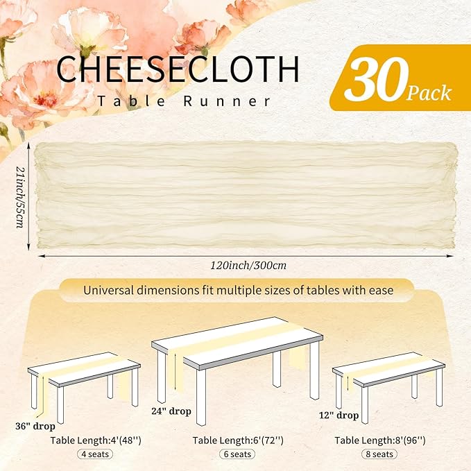 30 Pack Cheesecloth Table Runner 10FT Beige Table Runner Boho Gauze Cheese Cloth Table Runners Long Rustic Sheer Table Decorations for Wedding Party Baby Bridal Shower Birthday Holiday Home