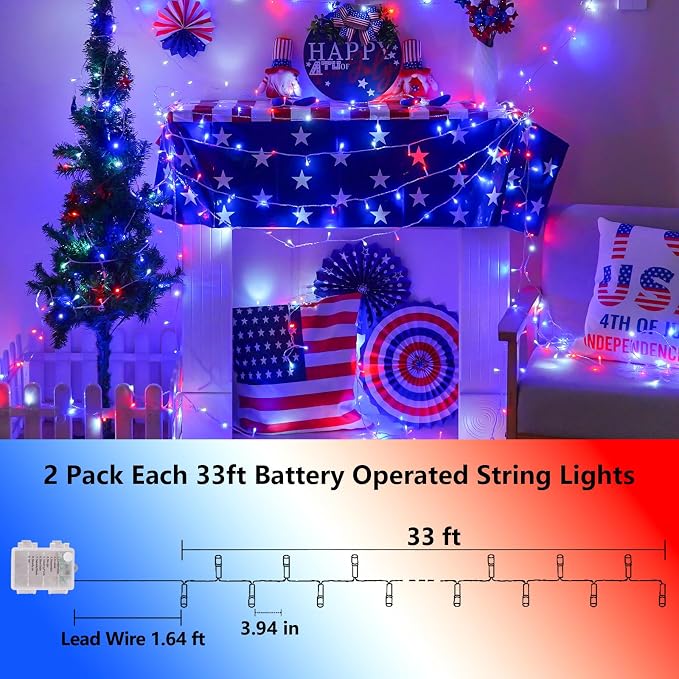 YEGUO Red White and Blue Lights Battery Operated, 2 Pack Each 33ft 100 LED 4th of July Lights Outdoor Waterproof, 8 Modes Clear Wire Fairy Light Indoor with Remote for Memorial Day Patriotic Decor