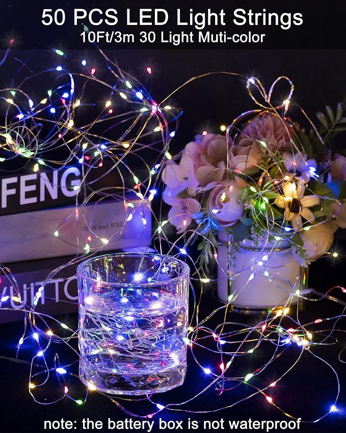 Riakrum 50 Pieces LED Fairy Lights Battery Operated Bulk, Wedding Waterproof Tiny Small Twinkle LED String Lights for Jar Starry for DIY Birthday Party Favors for Vase Centerpieces(Mixed Color,10 ft)