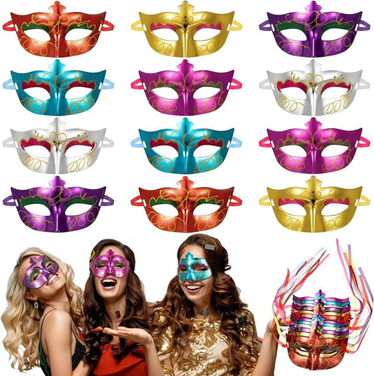 VioraWhite 60 Pack Multicolored Masquerade Mask Gold Shining Plated Mardi Gras Mask for Purim Mardi Gras Wedding Party