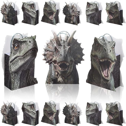 Tosstuki 12 Pcs Realistic Dinosaur Party Favor Bags 3D Dinosaur Birthday Gift Goodie Bags with Handles Dino Treat Paper Bag for Candy Dino Themed Birthday Party Decorations Supplies