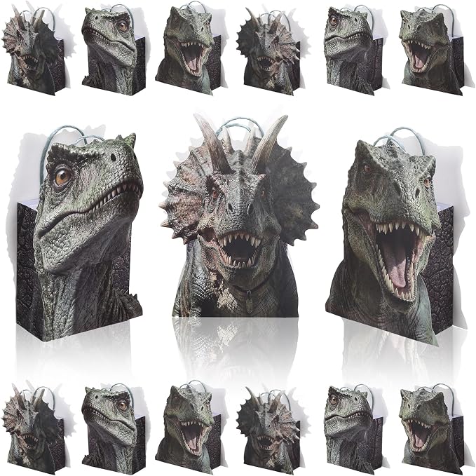 Tosstuki 24 Pcs Realistic Dinosaur Party Favor Bags 3D Dinosaur Birthday Gift Goodie Bags with Handles Dino Treat Paper Bag for Candy Dino Themed Birthday Party Decorations Supplies