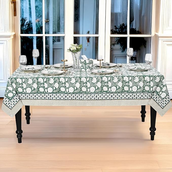 Ridhi -Turquoise Moss Green Cotton Tablecloth, Handblock Print Floral Table Cloth for Kitchen Dining Linen I Thanksgiving, Christmas, Wedding, Fall Décor 4 Seater 60x60 Inches Square