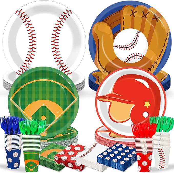 250 Pcs Baseball Birthday Party Decorations Baseballs Disposable Party Tableware Sets Including Plates Cups Napkins Baseball Sports Theme Dinnerware for Sports Birthday Parties Supplies Serves 50