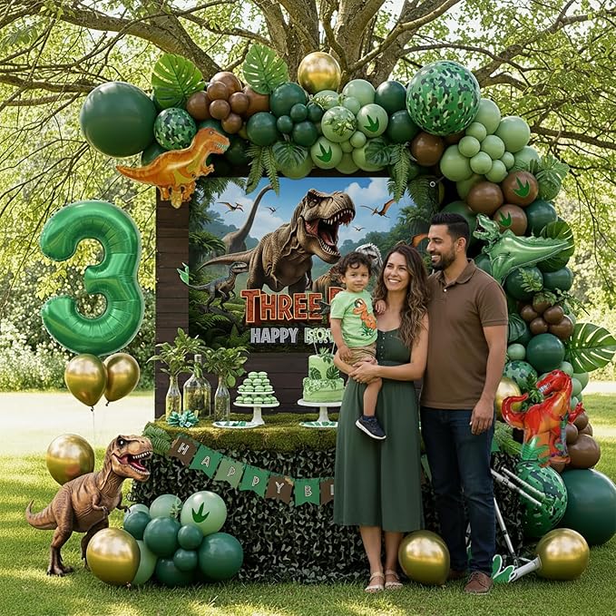 Dinosaur 3rd Birthday Party Supplies for Boys, Three Rex Decorations Kit: Hunter Green Gold Balloon Garland Arch, T-Rex Backdrop, Foil Balloons & Footprint Stickers - Jungle Safari Theme