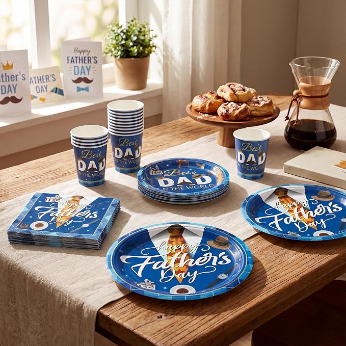 Jenaai 200 Pcs Father's Day Tableware Set Serve for 50 Guests 9" Dinner Plates 7" Dessert Plates Paper Cups and Napkins Set for Dinnerware Tableware Disposable Father's Day Party Supplies