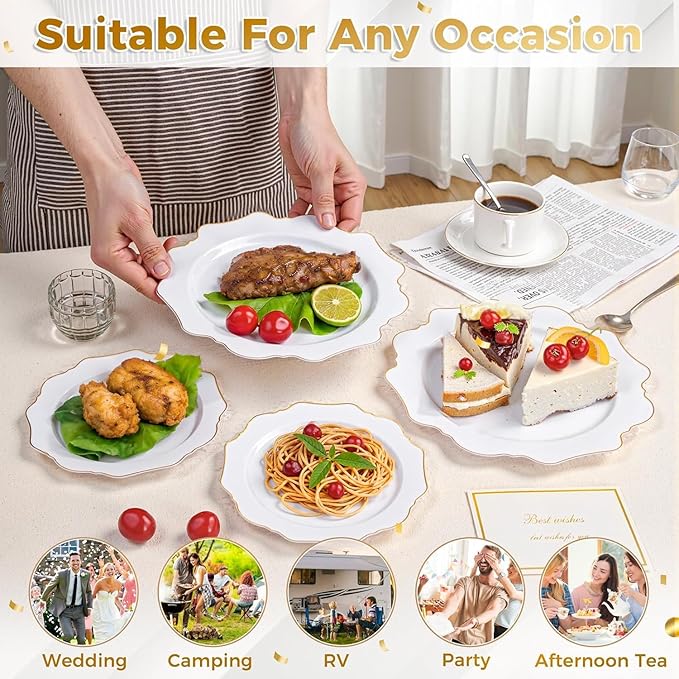 WDF 200PCS White and Gold Plastic Plates - Gold Plastic Plates - Include 100 Dinner & 100 Dessert Disposable Party Plate - Fancy Disposable Plate for Wedding/Baby Shower/Spring/Mother's Day