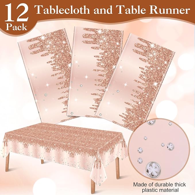 VitalCozy 12 Pack Rose Gold Tablecloth Glitter Diamond Plastic Table Cover Sequin Printed Tablecloth Party Decorations for Halloween Birthday Wedding Anniversary Party Supplies, 54x108 Inch
