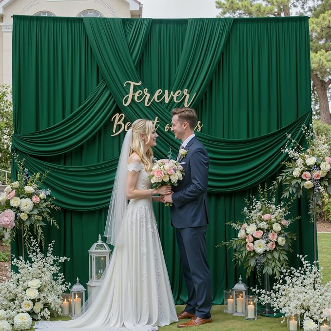 10ftx12ft Wrinkle Free Hunter Green Backdrop Curtain, 2 Panels 12FT Height Wedding Backdrop Drapes, Silky Polyester Back Drop Cloth for Birthday Photography Background Party Backdrop Draping