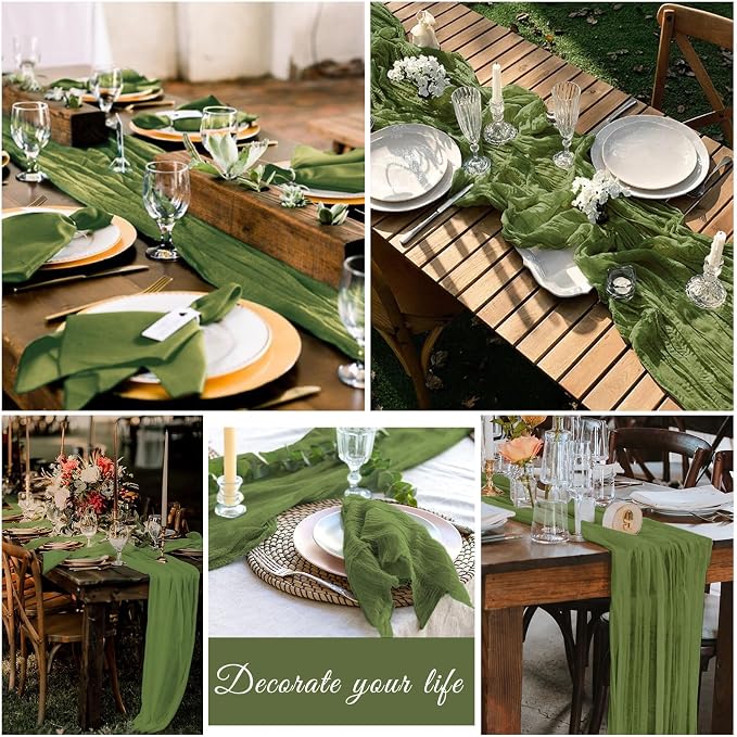 20 Pack Cheesecloth Table Runner 17 x 108 inch Long Boho Gauze Table Runners Semi Sheer Table Runner for Wedding Decor, Baby Shower, Birthday Party, Banquet (Olive Green)