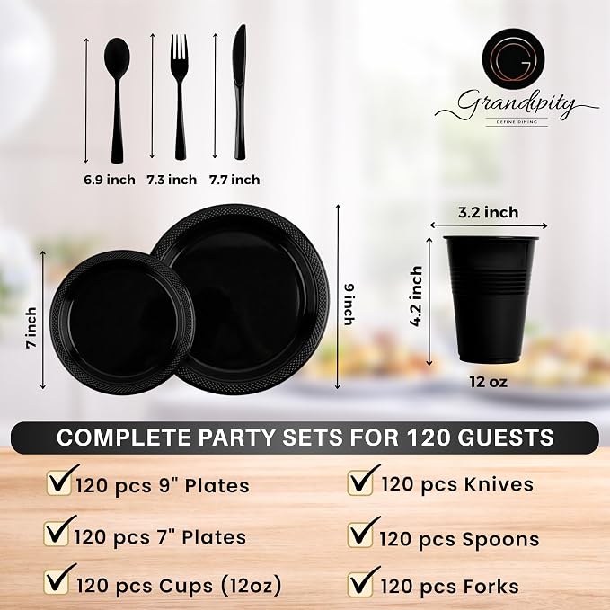 720-Piece Black Disposable Dinnerware Set - 120 Guest Plastic Dinnerware Set - 9" Dinner Plates, 7" Dessert Plates, 12oz Cups, Forks, Knives & Spoons