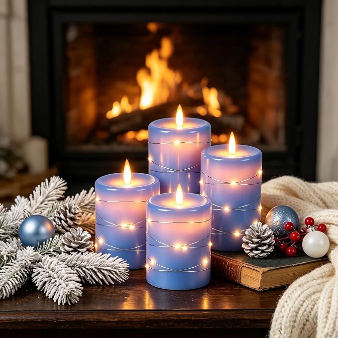 Da by 3 Pack Blue Real Wax Flameless Taper Candles, Lifelike Flickering LED Flame Candles with Surrounding Fairy String Lights, Soft Warm Battery Candles with Remote for Home Wedding Holiday Decor