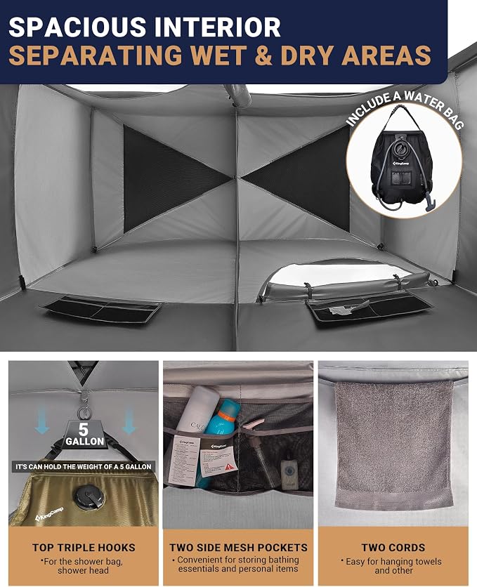 KingCamp Camping Shower Tent, Portable Outdoor Privacy Toilet & Changing Tent Windproof & Waterproof Easy Setup Shelter with Shower Bag for Camping Hiking Beach