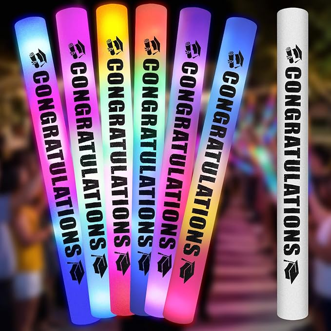 Huquary 50 Pcs Graduation Party Favors LED Foam Light up Sticks Bulk, Glow in The Dark Graduation Party Supplies with 3 Modes Colorful Flashing for Congratulation Grad Celebration Decoration(Black)